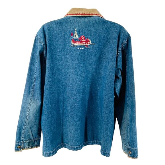 Teddi Vintage Blue Denim Embroidered Lakefront Up North Rustic Button Jacket M - Picture 3 of 11